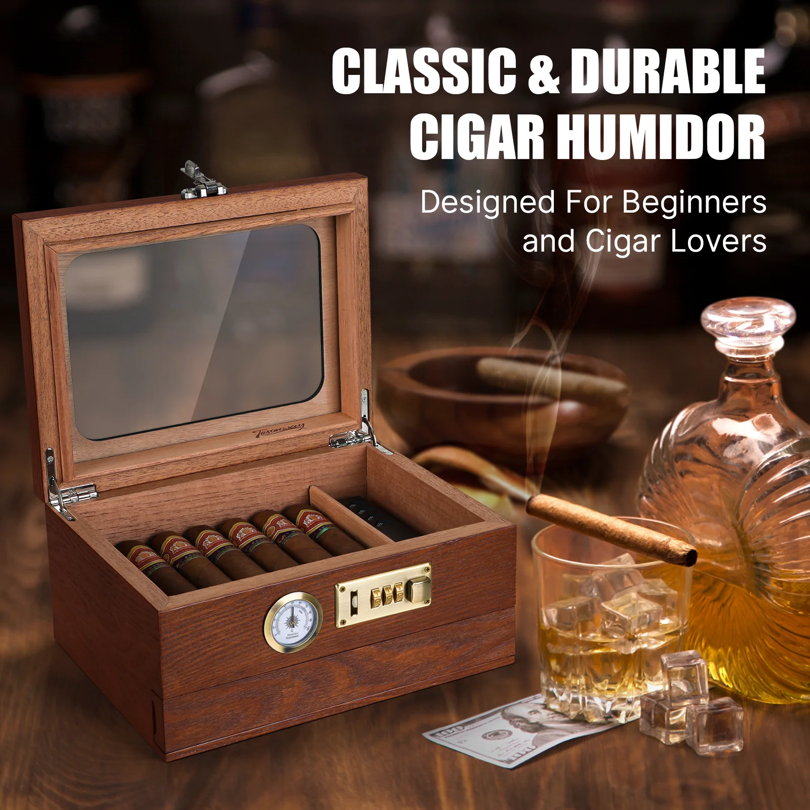 Cigar Humidor Cedar Wood Humidor Cigar Box Glass Top Desktop Humidor with Front Hygrometer Humidifier Divider Accessories Drawer