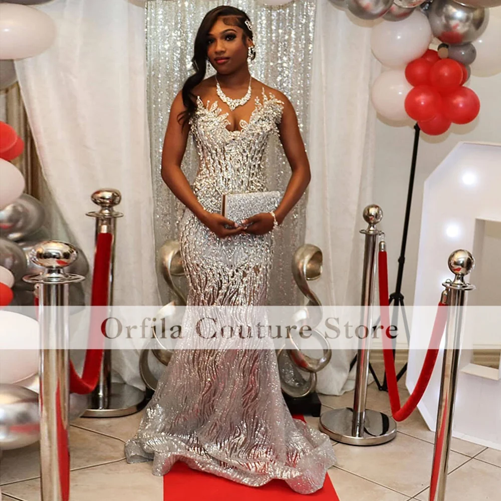Silver Prom Dresses Black Girls 2026 Long Mermaid Luxury Sequins Beading Sweetheart Evening Gowns Gala Gown Customized