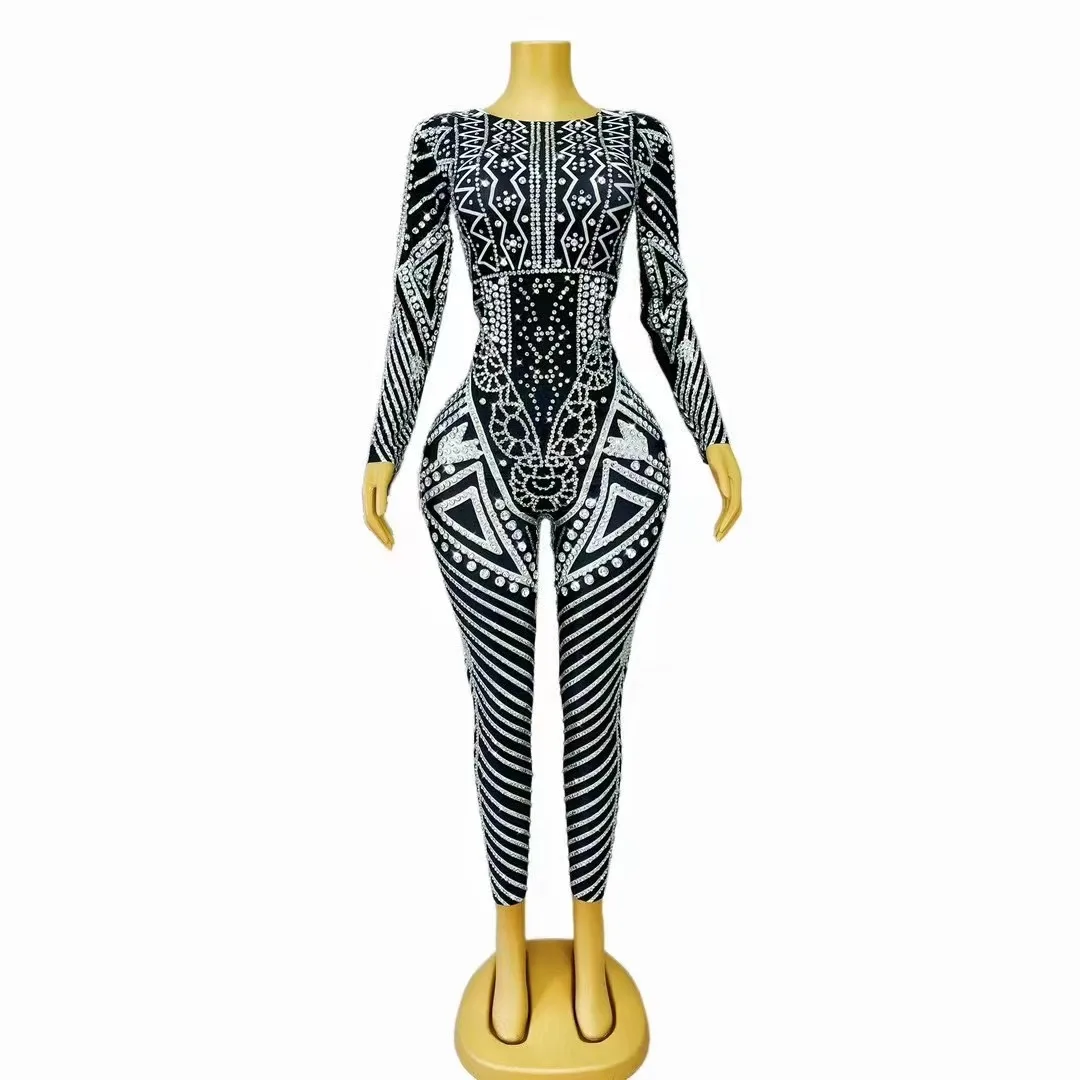 Sexy Sparkly Rhinestones Black Jumpsuit Evening Birthday party club Celebrate Costume Fashion Nightclub Dancer Show Bodysuit