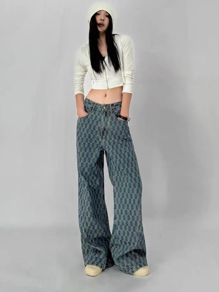 Vintage Y2K Cotton Jacquard Jeans Women 2024 New Middle Waist Wide Leg Denim Pants Loose Casual Soft Trousers Female Fall Winter