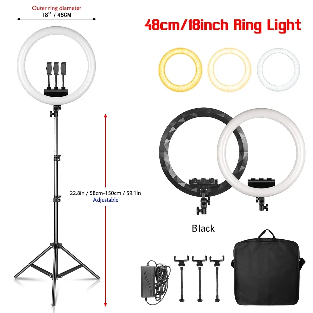 Grote ringlamp 18 inch selfie LED-videolamp met statief Telefoonclip voor YouTube Live Light Photo Photography Studio