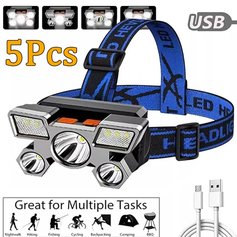 Stirnlampe, ultrahell, 5 LED-Scheinwerfer, 4 Modi, USB wiederaufladbar, wasserdicht, für Outdoor, Camping, Wandern, Angeln, Radfahren, Laufen