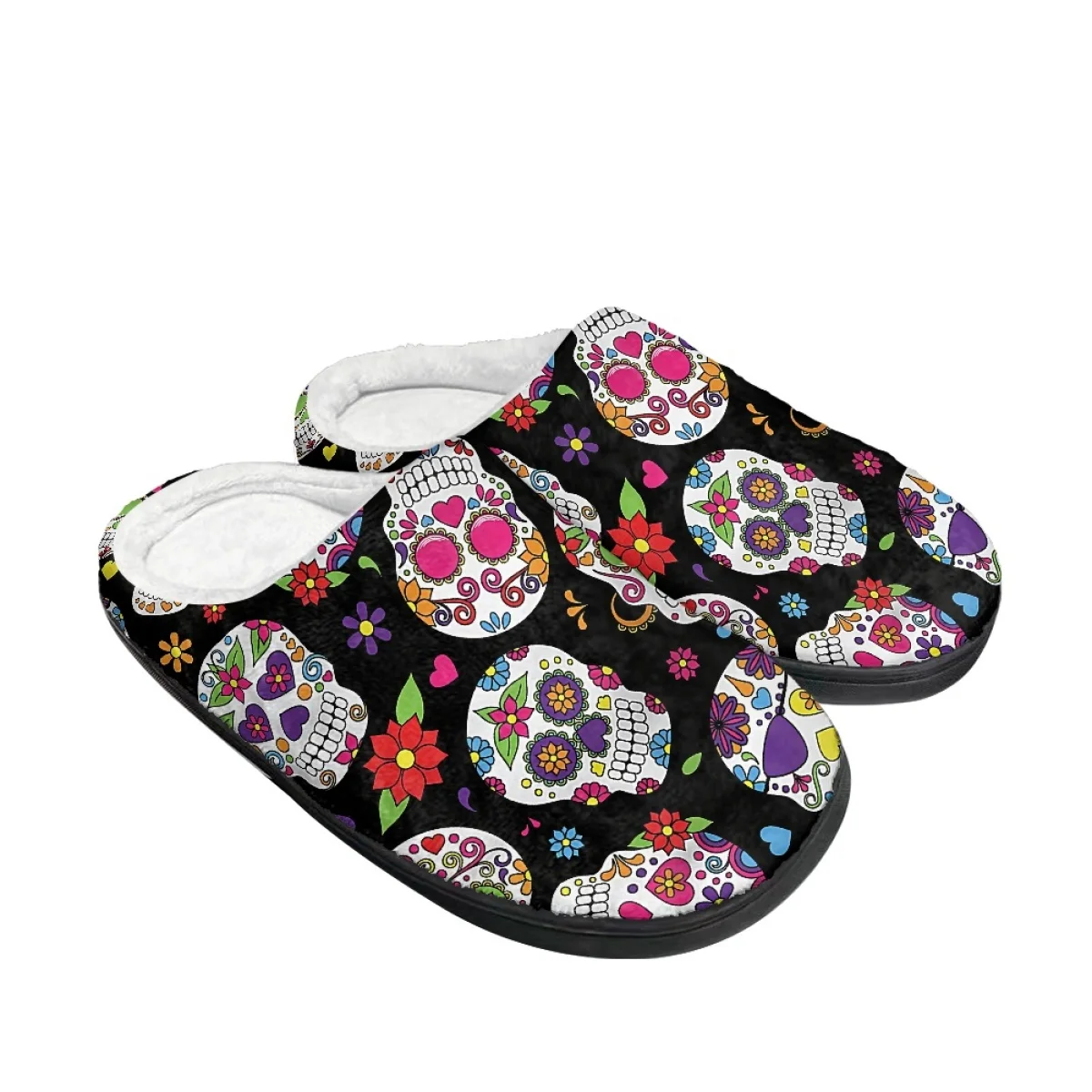 Women Men Indoor Home Autumn and Winter Warm Cotton Slippers Kawaii Cute Skull Sunflower Flowers Print Floor Shoes Custom Image