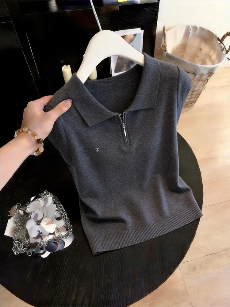 

Loose Fit Zipper Short Sleeve T-Shirt Women Summer Flying Sleeve Embroidery Top Korean Style Breathable Skin-Friendly