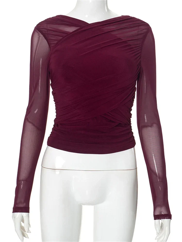 

2025 Mesh Patchwork V-Neck T-shirt Top Female Solid Long Sleeve Fashion Cropped Y2k Tee Pullover Inner Women's Sexy Top Autumn