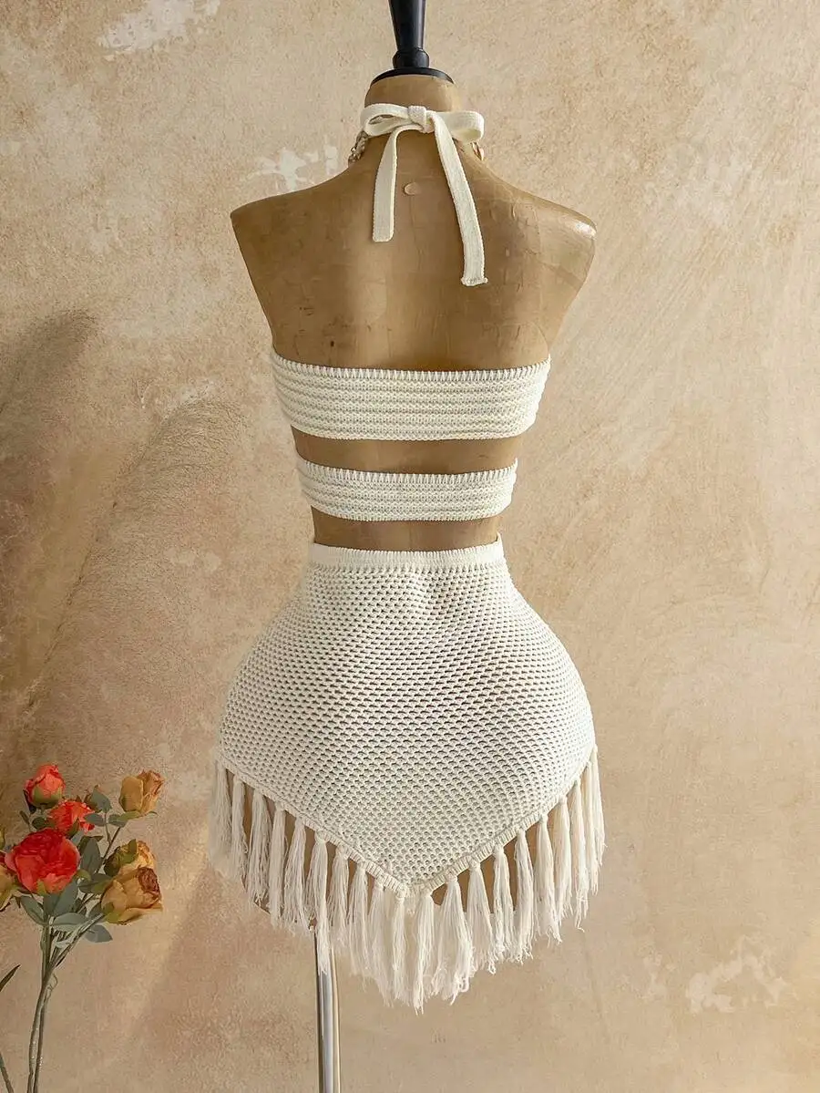 

Knit Fringe Boho Two Piece Set Women Summer Beach Party Outfit