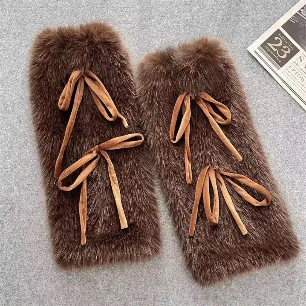 

JK Fuzzy Boot Cuffs Bowknot Ribbon Thickened Leg Warmers Winter Warm Boot Cover Women Fashion