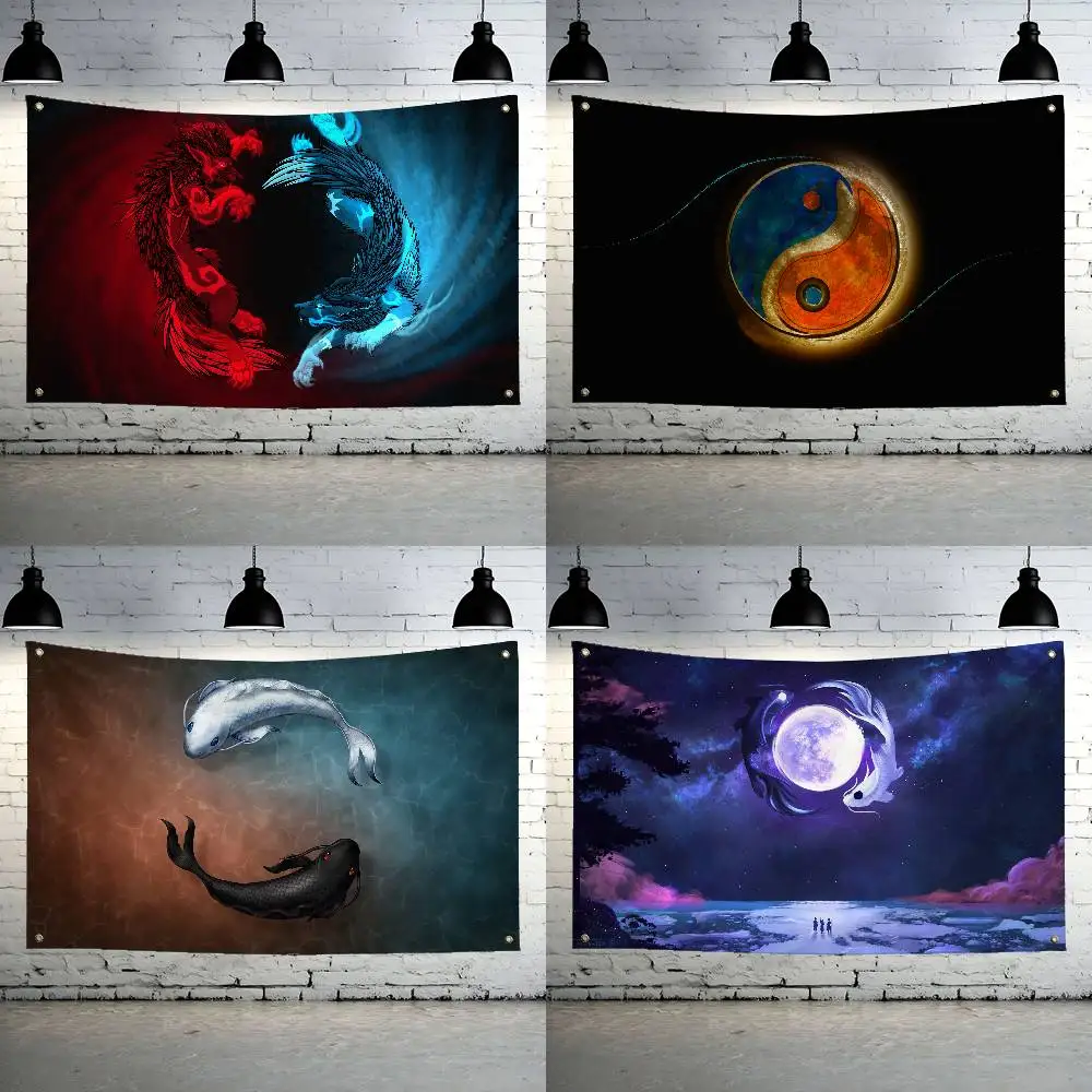 Modern Chinese Koi Tai Chi Yin Yang Flag Banners Garage Car Tapestry Flag Garage Outdoor Decor Bedroom