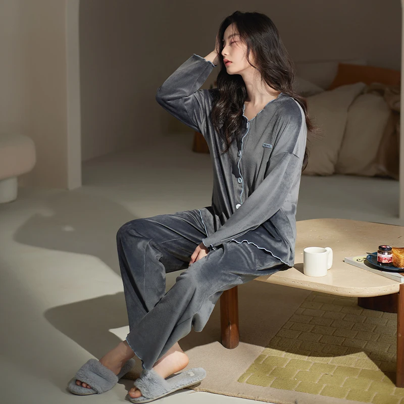 Women Thick Flannel Pajamas Island Fleece Pajama Sets Sleepwear Long Sleeve Tops + Long Pants Pajamas Warm Home Clothing Pyjamas