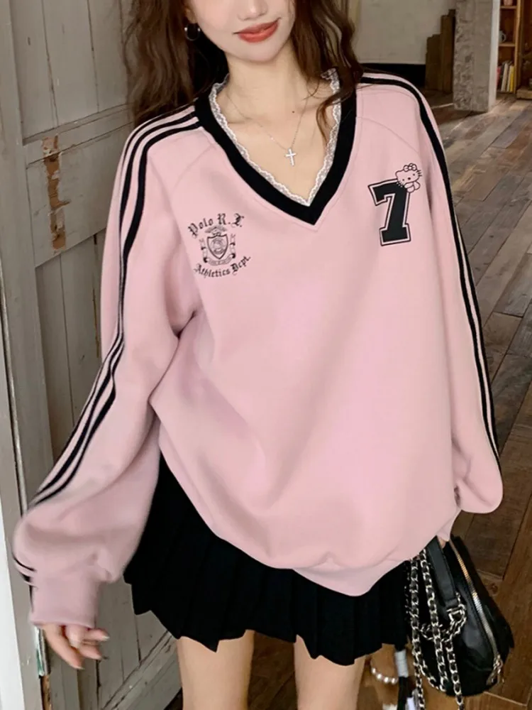 

Женский свитшот с американским буквенным принтом, кружевными вставками и V-образным вырезом, длинный рукав, весна-осень, новый, свободный крой, в стиле lazy style