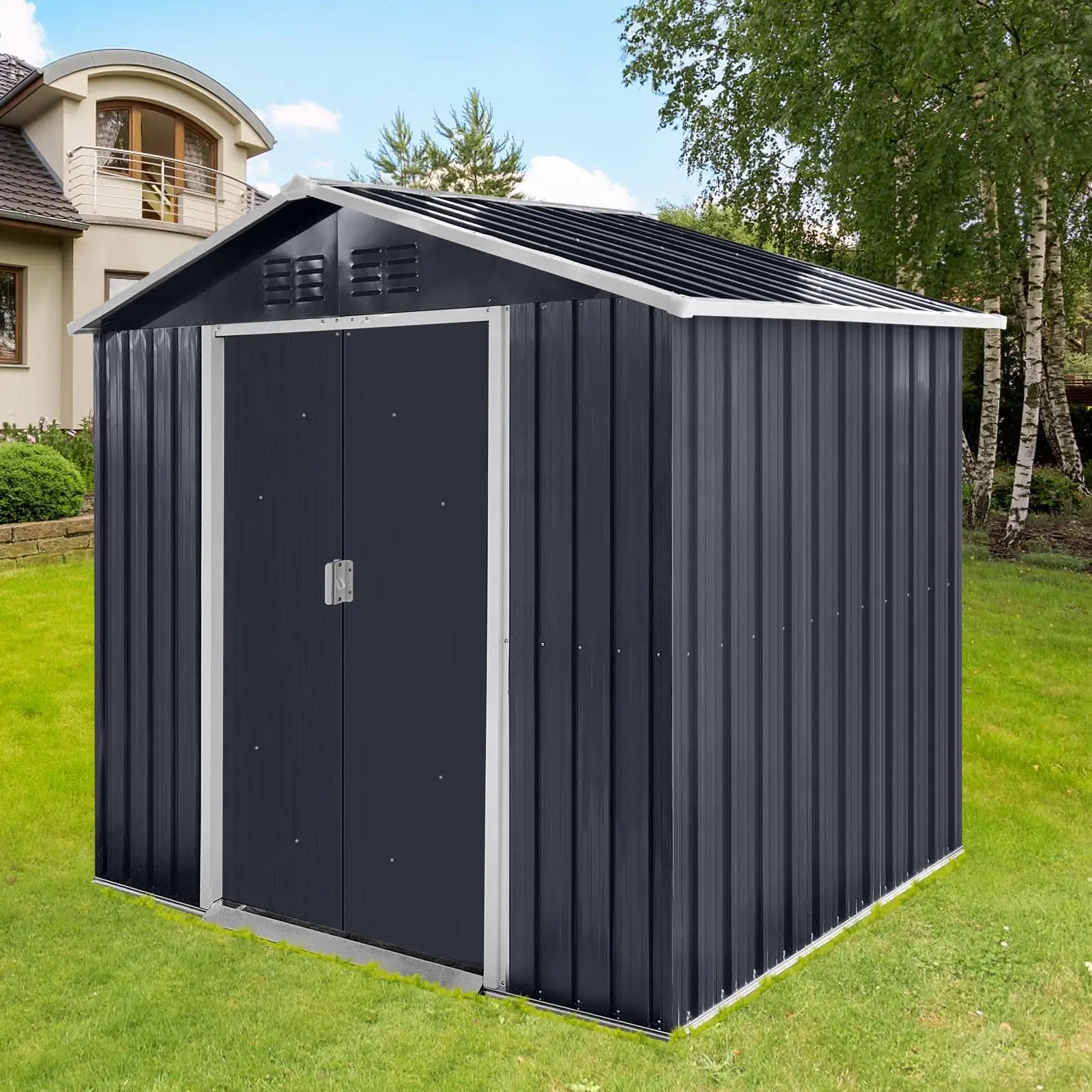 Small Metal Storage Shed 7ft Grey Weatherproof with Ventilation Perfect for Garden Tools Bikes Outdoor Equipment Organization