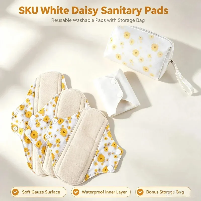 Washable Sanitary Pads Set Printed Cotton Reusable Leakproof Absorbent Skin Friendly Menstrual Postpartum Pads with Storage Bag