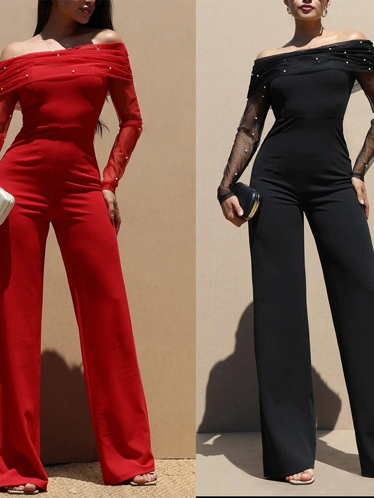 

Elegant High Waist Solid Wide Leg Playsuits Overalls Spring Summer New Bodycon Commute Rompers Sexy One-shoulder Mesh Jumpsuits