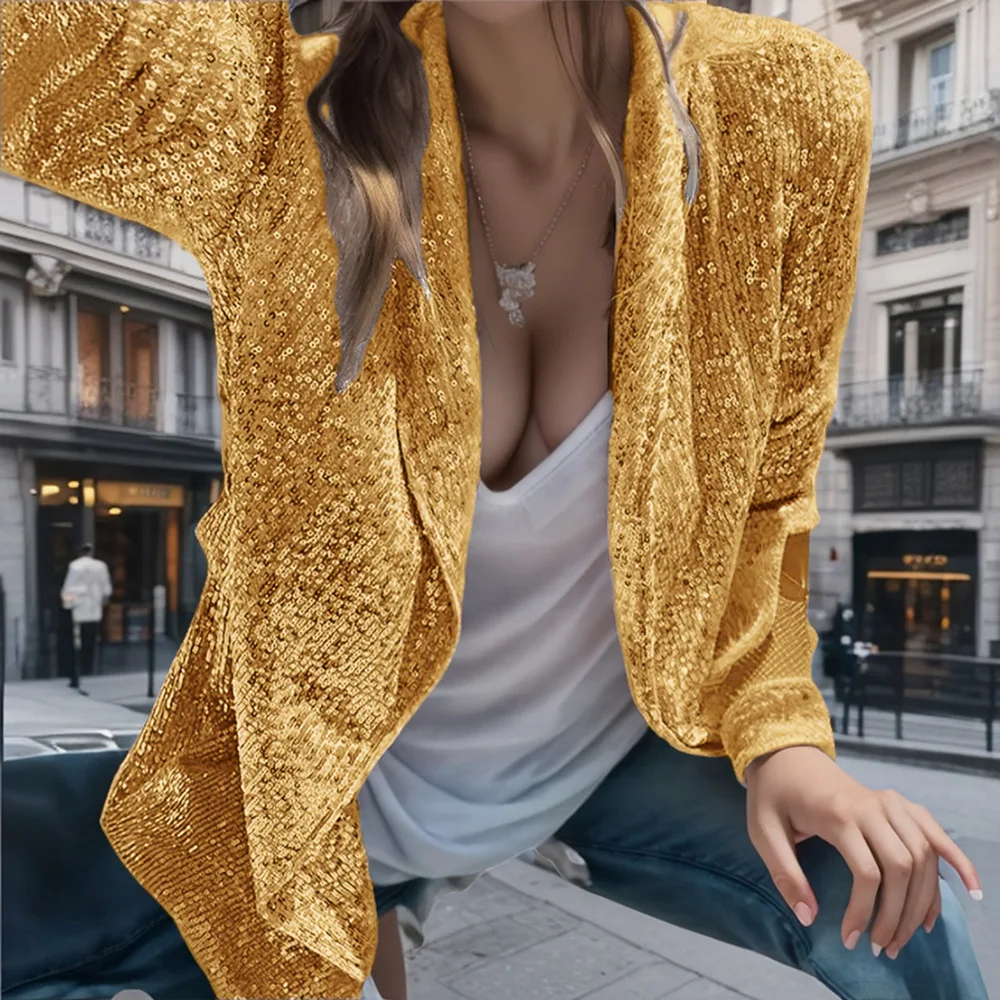 Women's Glitter Sequin Cardigan Shiny Long Sleeve Nightclub Club Office Lady Jackets Streetwear Open Front Outerwear Blazer