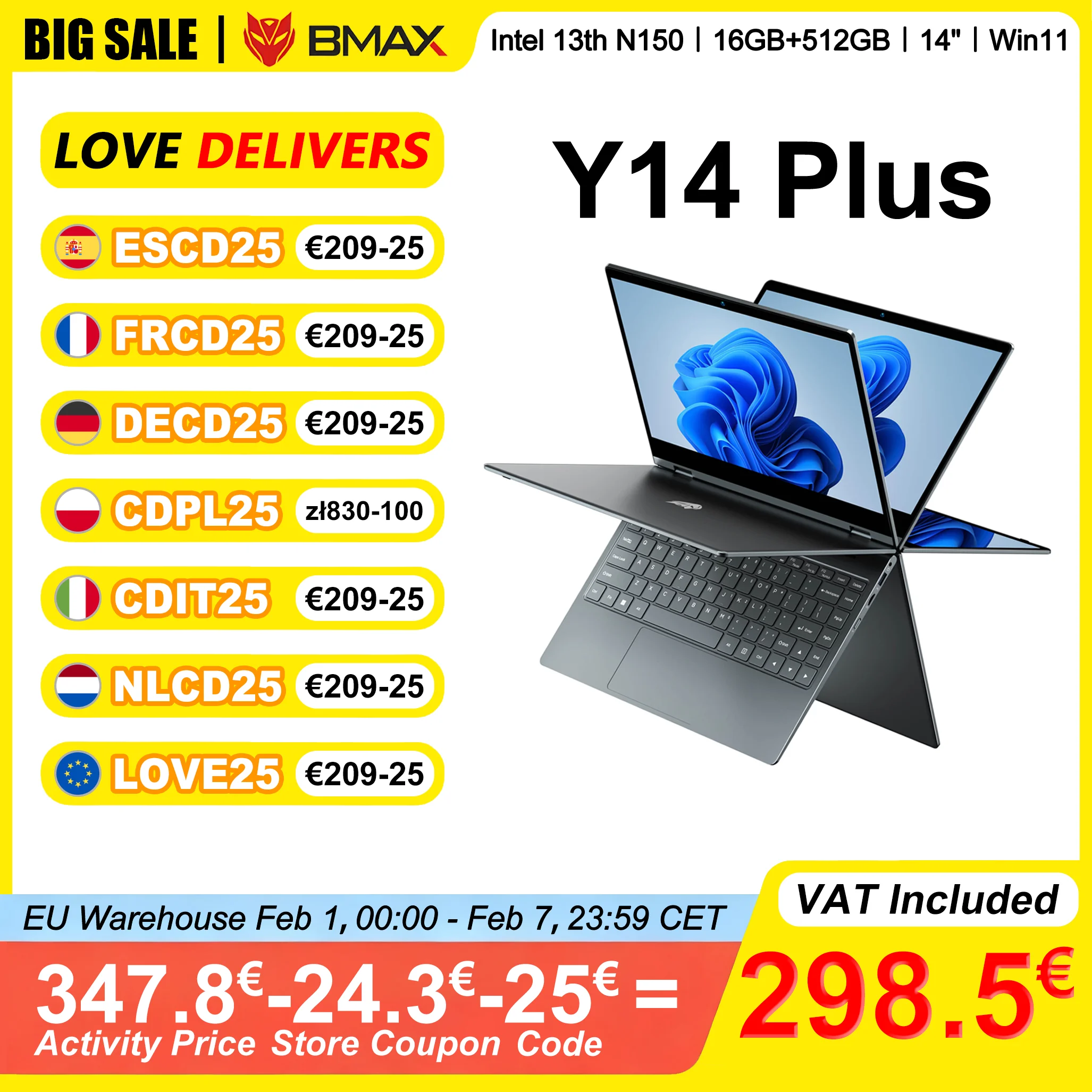 BMAX Y14 Plus laptop 14 inch touchscreen Intel N150 16 GB RAM 512 GB SSD 360 ° Converteerbaar 1920 * 1080 IPS-notebook Windows 11