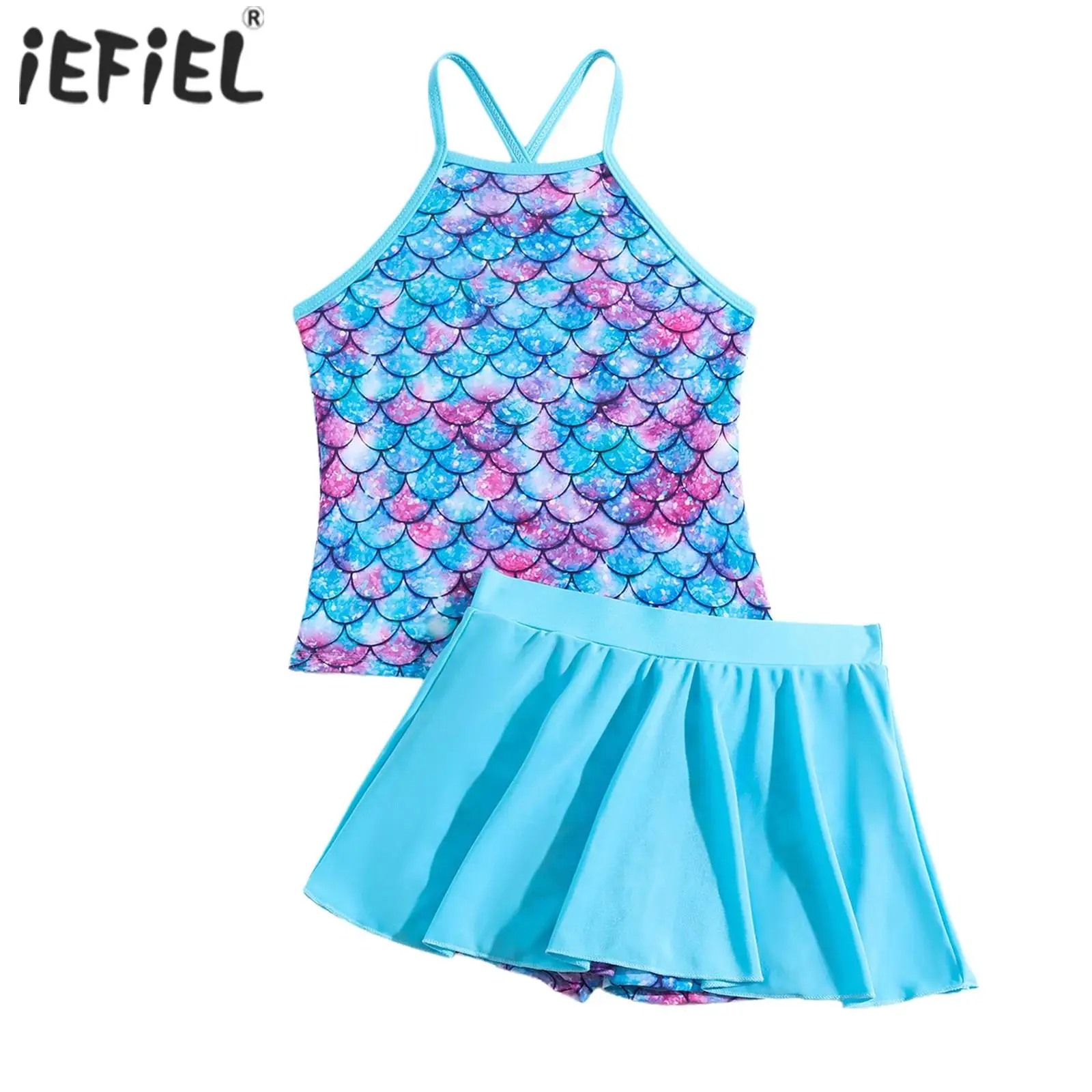 Kids Girls Printed Swimsuit Set Bikini Adjustable Straps Top and Ruffled Skirt with Shorts for Swimming Bathing Beach Vacation