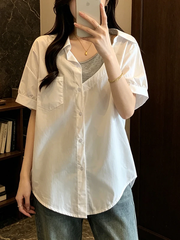 

Summer 2026 Elegant Shoulder Bared Short Sleeve Fake Two-Piece Slimming Waist Cinched plus Size Versatile Top Korean Style Ca...
