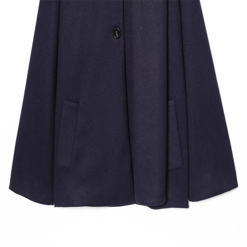 Manteau cape en laine mélangée bleu marine pour femmes, décolleté ample, veste décontractée à simple boutonnage, nouvelle collection début du printemps 2026