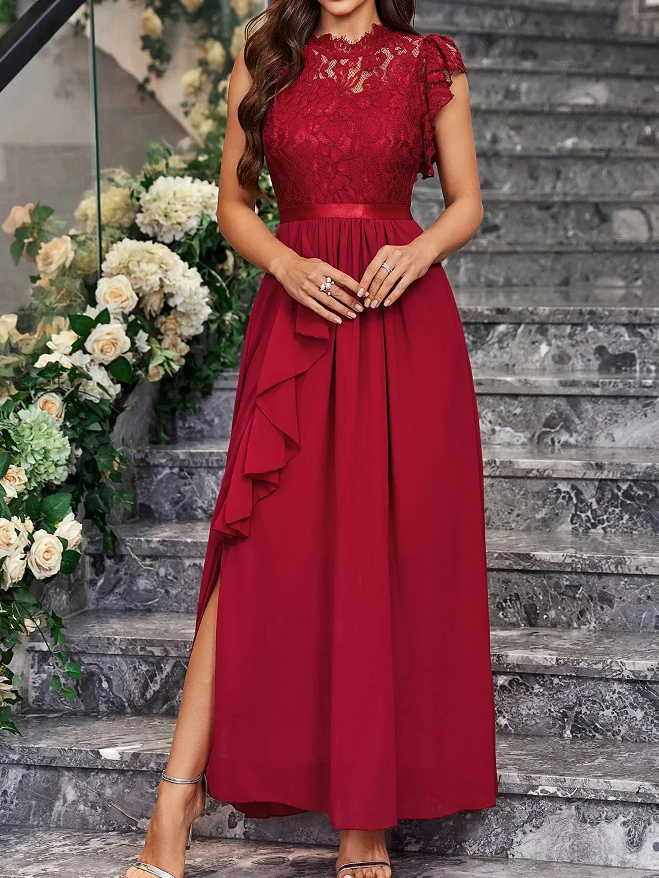 

Customized Classic Chiffon Lace Sash Ruffle Draped A-line Jewel Long Dresses Bespoke Occasion Dresses Chinese Style Retro Casual