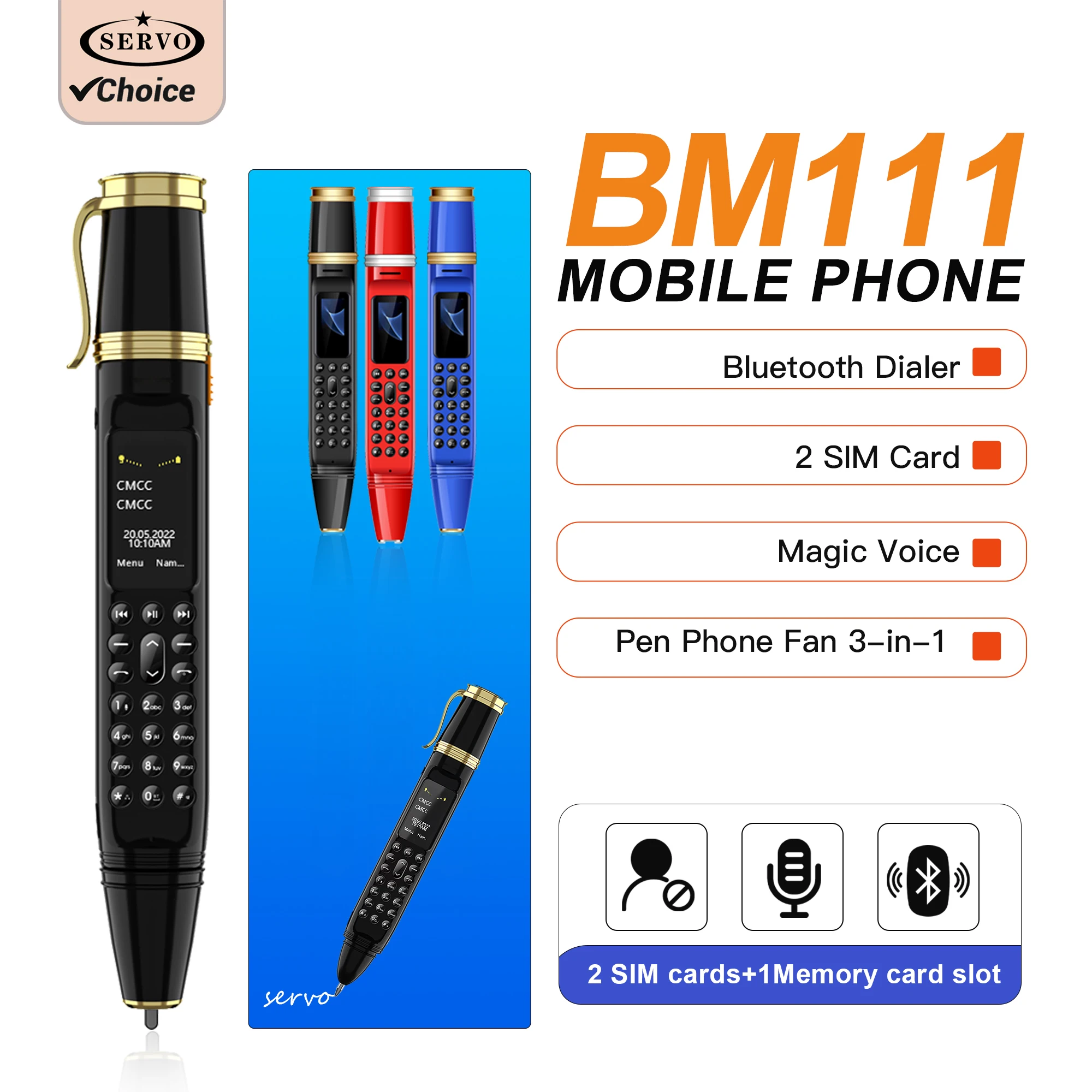 SERVO BM111 Mobile Phone 3-in-1 Pen Phone 2G GSM Portable Fan Magic Voice Bluetooth Dialer FM Radio 2 SIM Small Button Cellphone