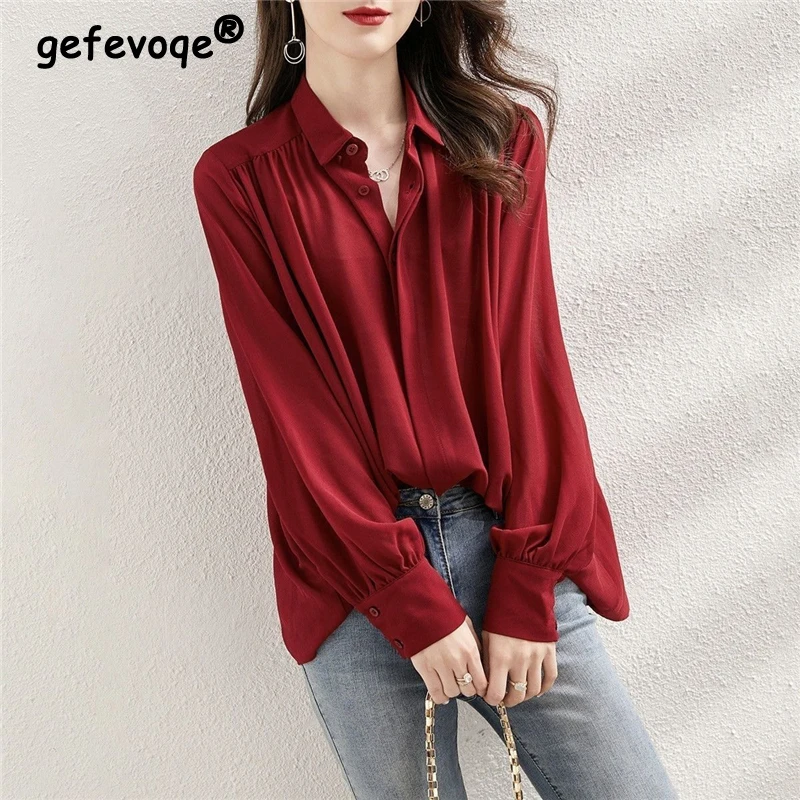 Women Ruffled Simple Elegant Button Shirts Korean Fashion Chic Business Casual Office Lady Blouses Long Sleeve Loose Tops Ropa