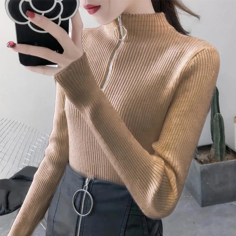 2026 Knitted Zipper Half High Neck Sweater Autumn Winter Women Pullovers Basic Slim Solid Knitwear Pull Femme Tops