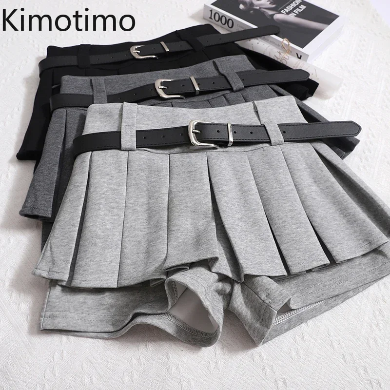 Kimotimo Womens Shorts Autumn Winter Belt High Waist Fluffy Pleated A-line Short Pants Korean Fashion Sexy Y2k All Match Clothes