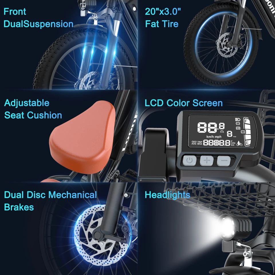 LoonFat T20 Black Adult Ebike 1000W Motor 25 MPH Speed Limiter 48V 15.6Ah Lithium Battery 170 Lbs Max Load Cable Brakes image 6