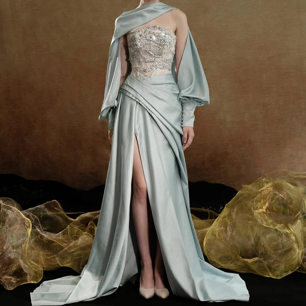 

Customized Mermaid Evening Dresses Floor-length Strapless Sleeveless Prom Gown Fashion Crystal Stole Button Draped Aprty Gown