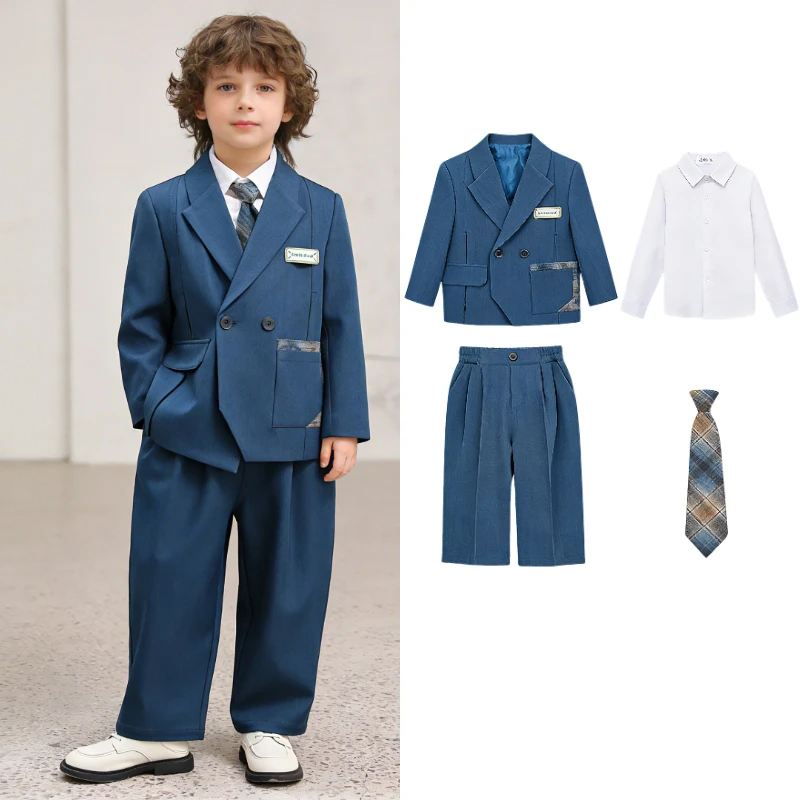 

Kids British Style Suit Boys Formal Tuxedo Blazer Shirt Wide Leg Pants Set for Host Piano Stage Runway Photography Spring New