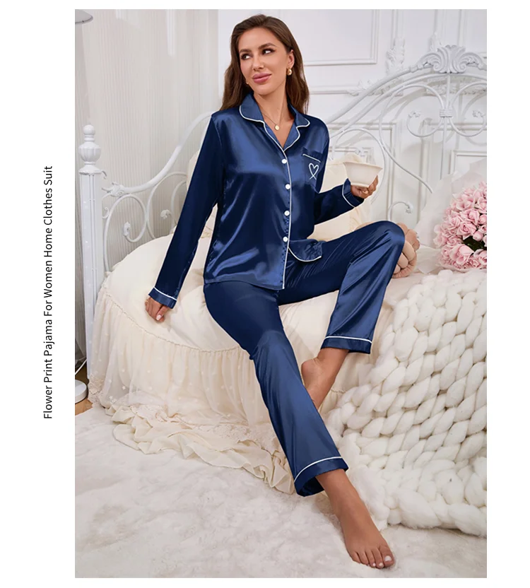 Damen-Pyjama-Set aus Satin, Tasche, herzförmige Stickerei, lange Ärmel, Knöpfe, Revers, Oberteile und elastische Hosen, Loungewear-Pyjama für Damen – Detail 19