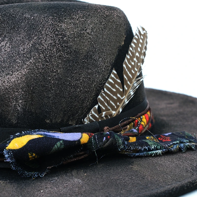 Original Feather Decor Painted Fire Retro Spring  Autumn Winter Warm Women Men Felt Wide Brim Jazz Cap Bowler Hat 55-59cm Adjust