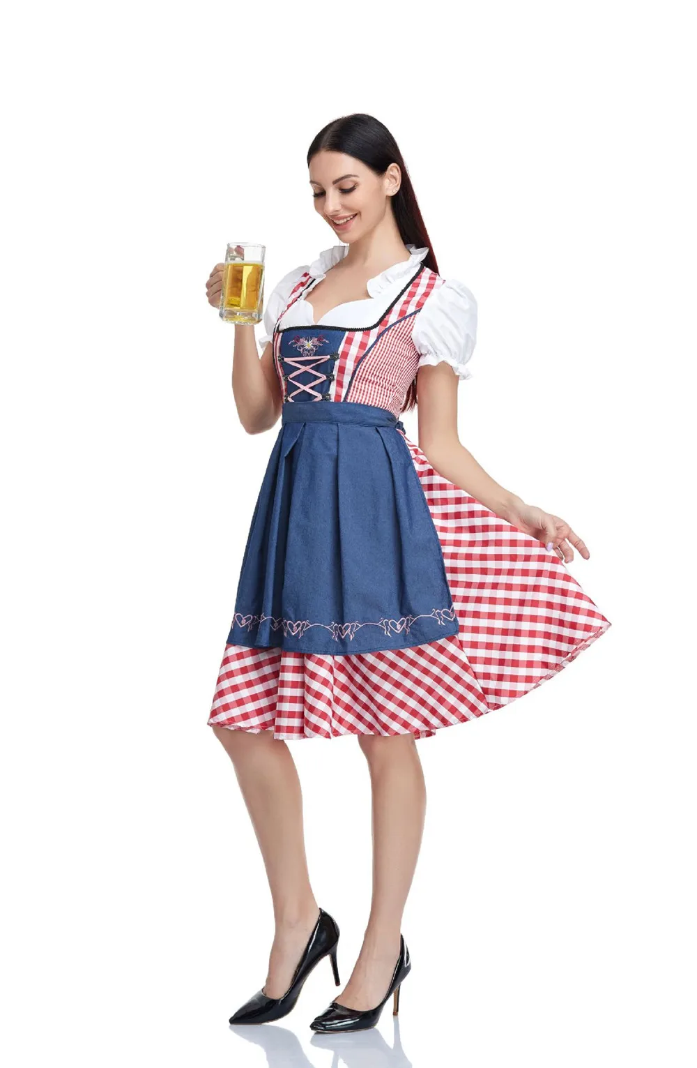 หญิงแบบดั้งเดิม Bavarian Oktoberfest ชุดเบียร์เยอรมัน Wench เครื่องแต่งกายผู้ใหญ่ลายสก๊อต Oktoberfest Dirndl ชุดผ้ากันเปื้อน