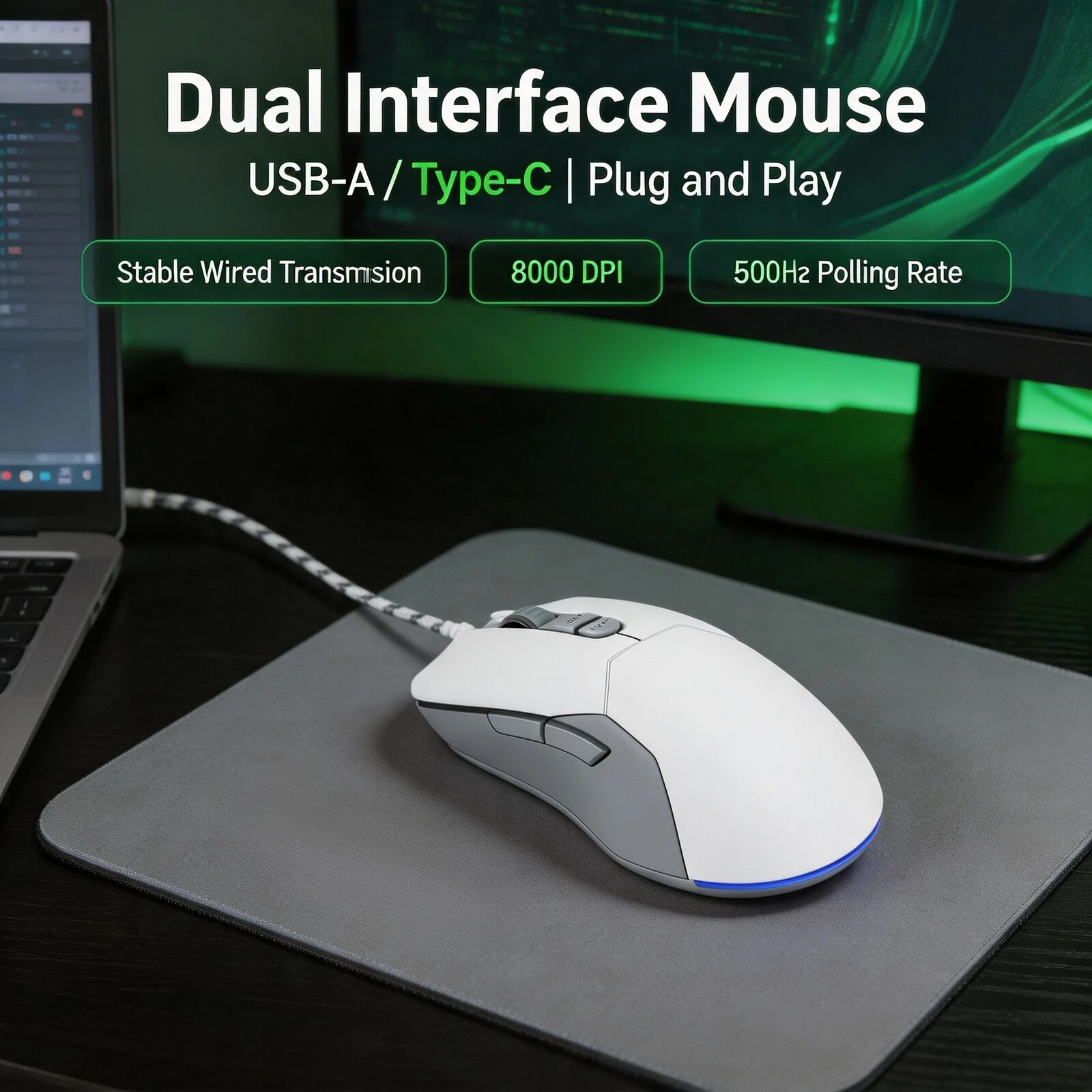 USB-A Type-C Dual Interface Wired Gaming Mouse RGB Breathing Light 4-Level DPI 7 Keys Plug & Play Mice For Laptop Tablet Phone