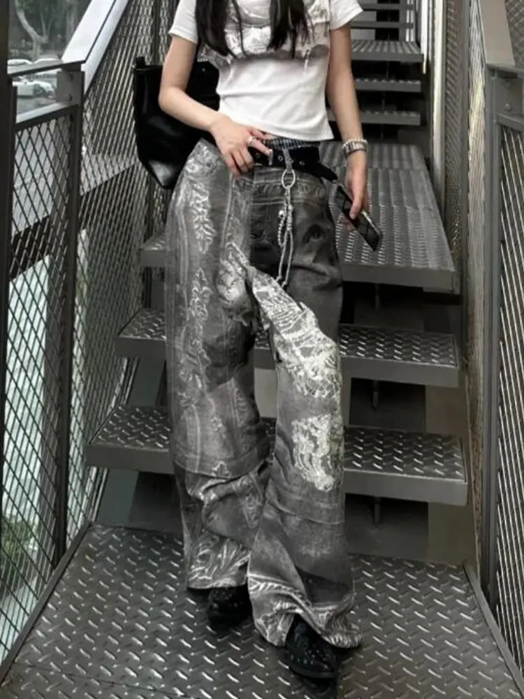 American High Street Printed Long Jeans Women Summer New Street Style Design Niche Slim Floor Trousers