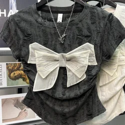 2024 Summer New Women's Crew Neck Hole Spliced Bow Solid Color Chic Slim Fashion Short Sleeve Commuter All-match T-shirt Tops