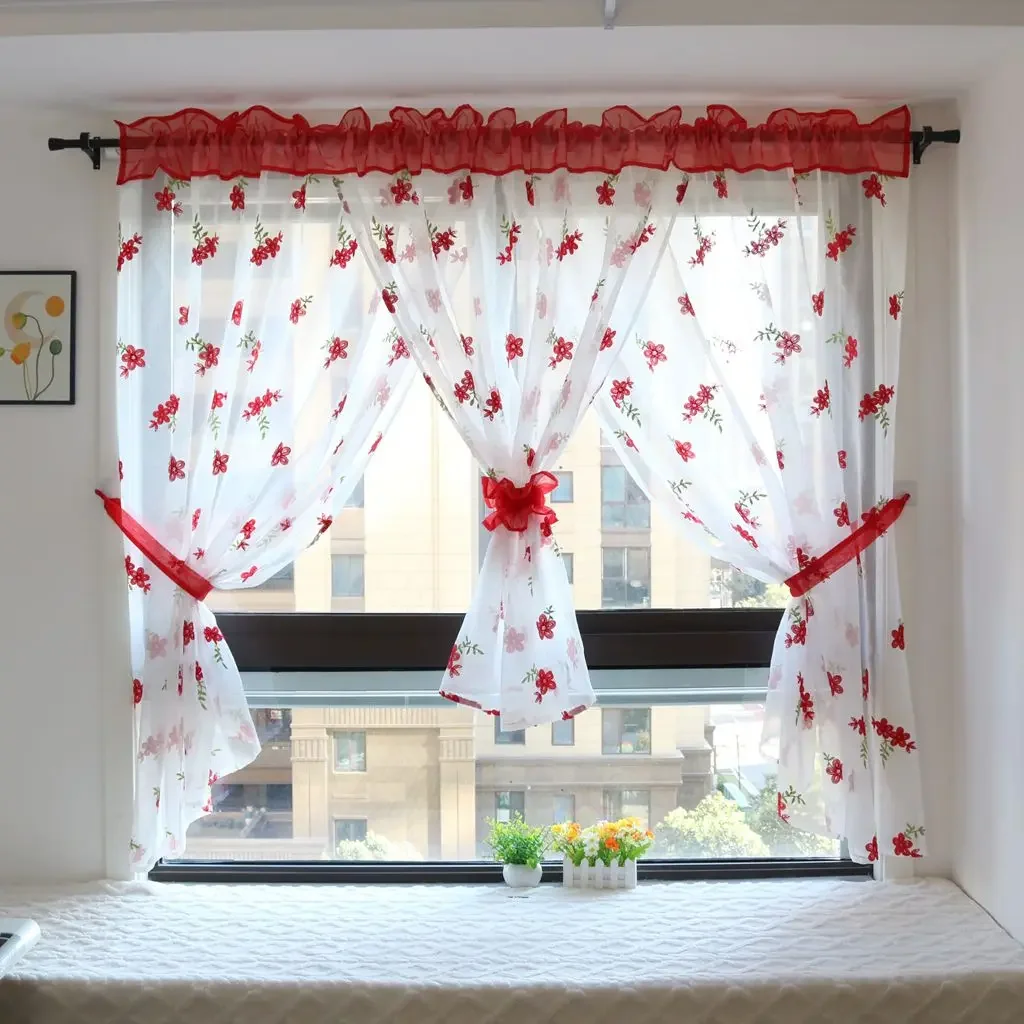 White Doris Yarn with Red Embroideried Flowers Livingroom Balcony Bedroom Curtain Sheer Short Kitchen Window Treatments