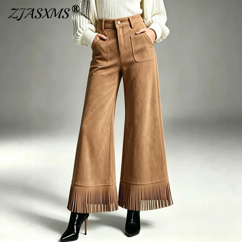 Women Faux Suede Wide Leg Pants High Waist Front Patch Pocket Fringe Hem Trousers Vintage Western Cowboy Casual Streetwear Pants