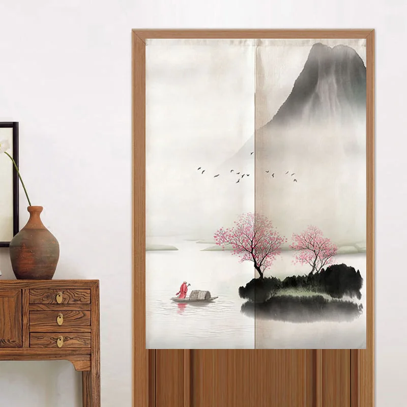 Zen Ink Landscape Door Curtain - New Chinese Style Half Curtain for Bathroom, Kitchen & Bedroom Tranquil Decor