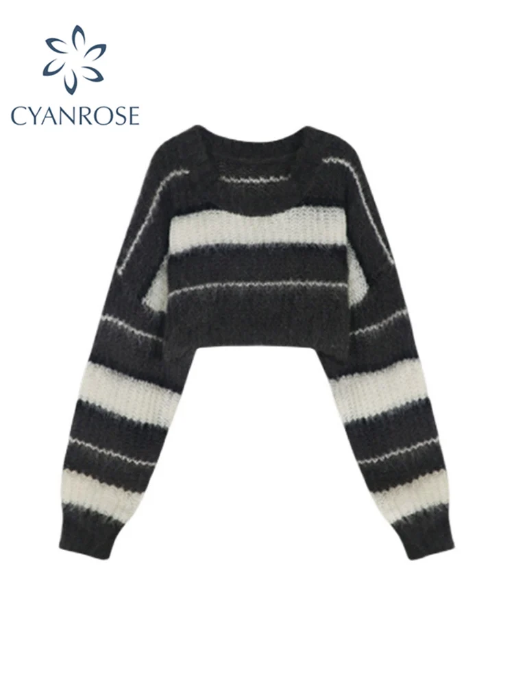 

Autumn Fashion Dark Grey Cropped Sweater Sexy Tops Women Striped Contrast Color Pullover Knitted Sweater Women Korean Jumper Y2K