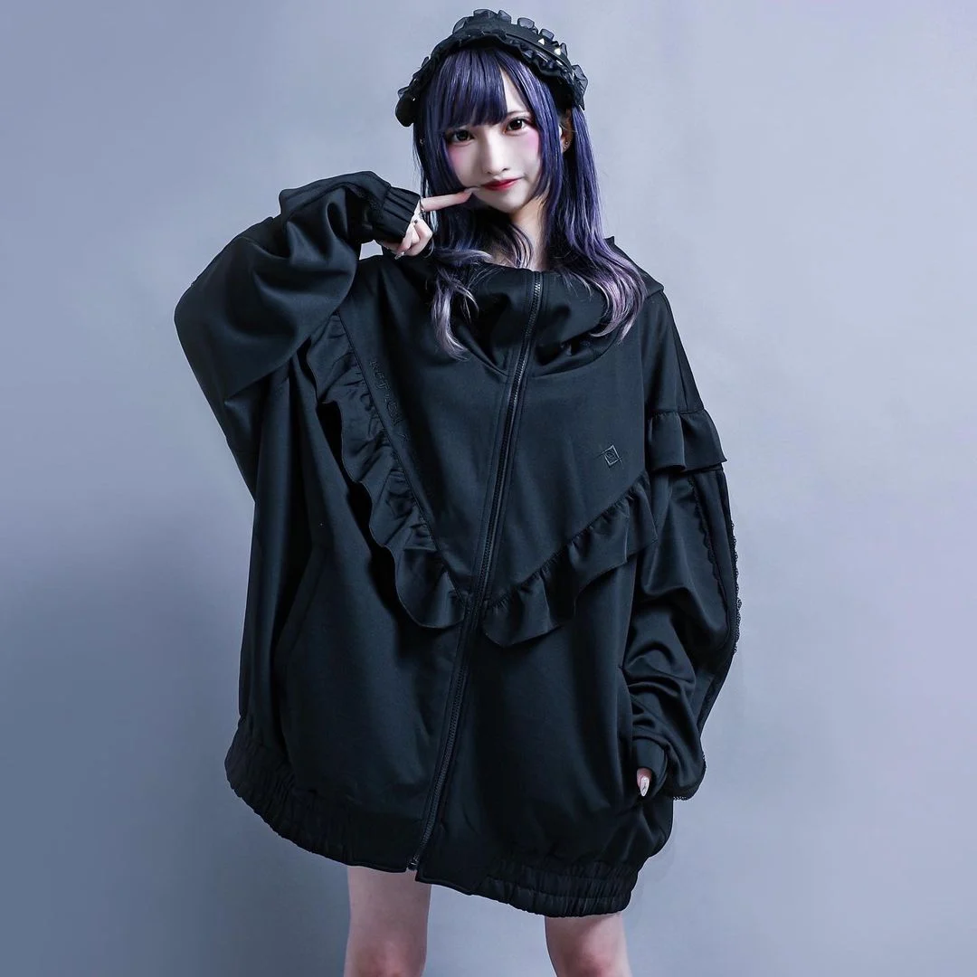 Japanese Mine Style Harajuku Dark Punk Girl Ruffles Splicing Embroidery Long Sleeve Loose Casual Hooded Sweatshirts Jacket Women