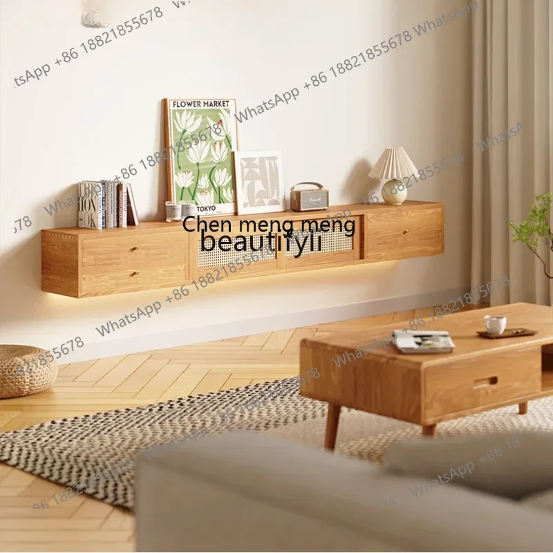 

R11 Japanese-Style Solid Wood Hanging TV Stand Log Style Simple Nordic Hanging Wall-Mounted Locker with Light cabinet furnitur