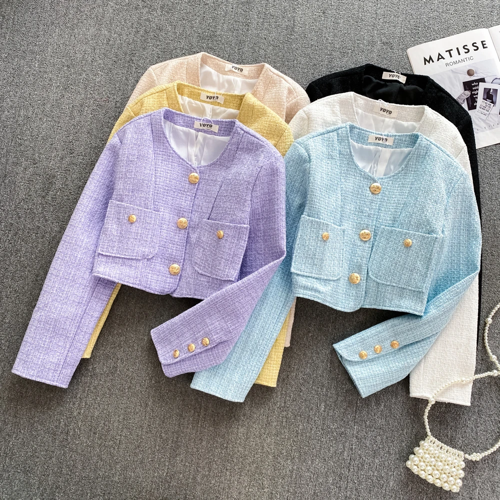 

Faionable ort Tweed Jaet Women's Spring Autumn New Sle Metal Bule Ele Lady Top High-End Feel round Ne Button up