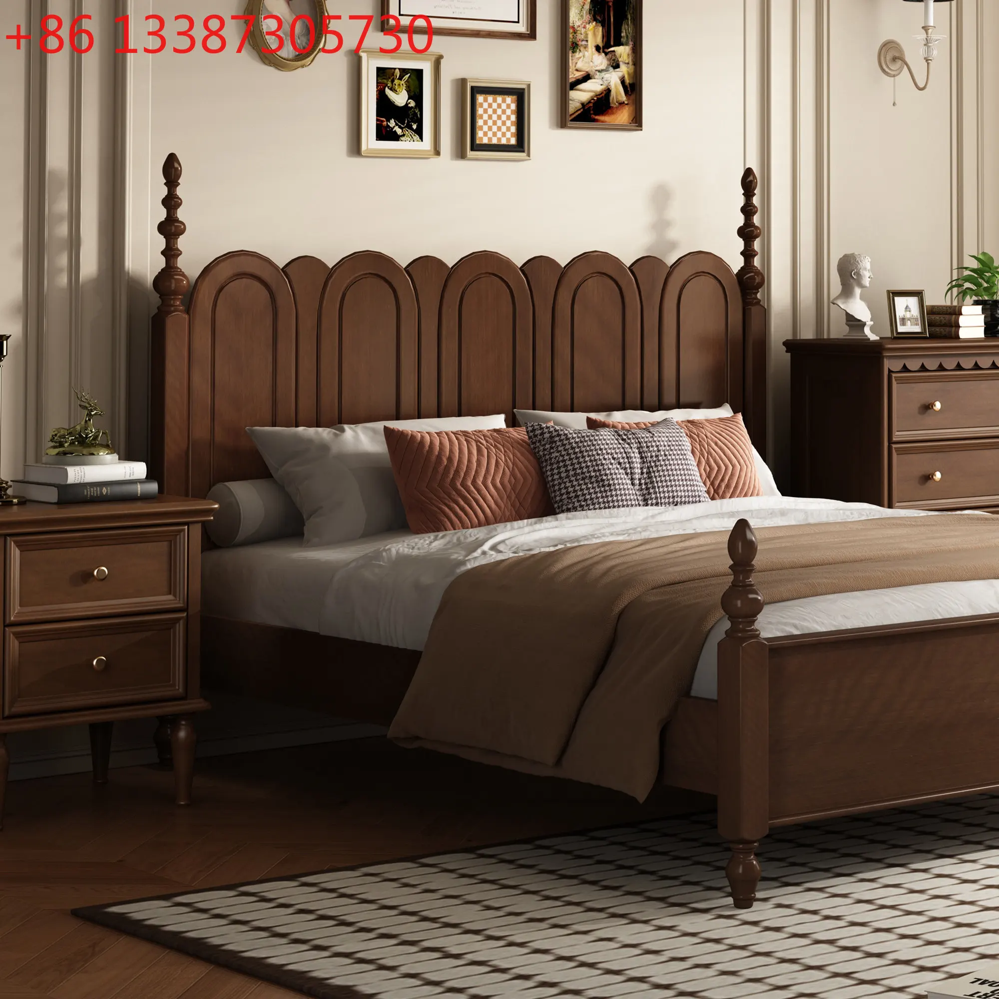 

French pure solid wood retro bed all solid wood American double medium ancient style