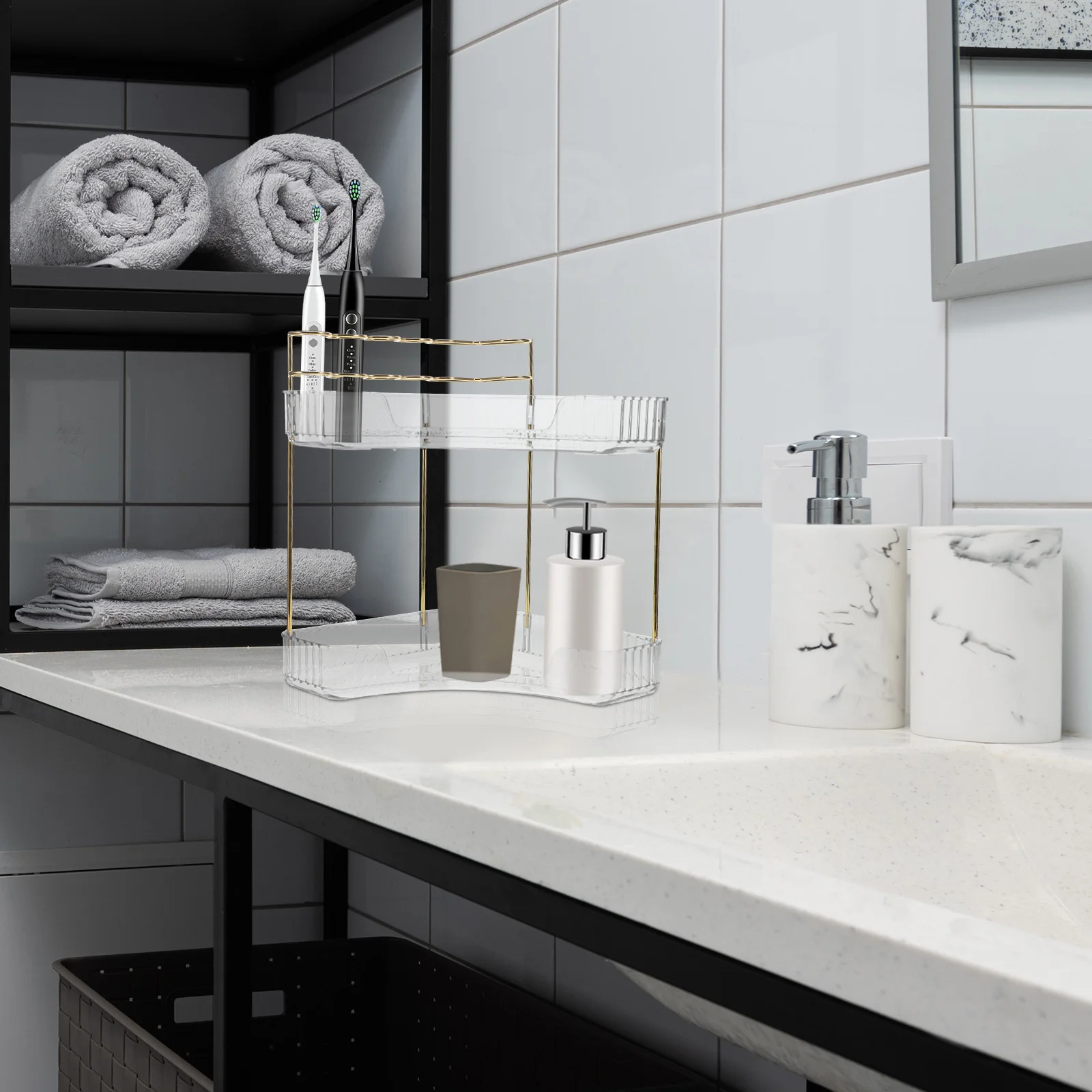 

Bathroom Counter Organizer Corner Makeup Stand Skincare Storage Brush Holder Vanity Shelf Organizer Makeup Stand