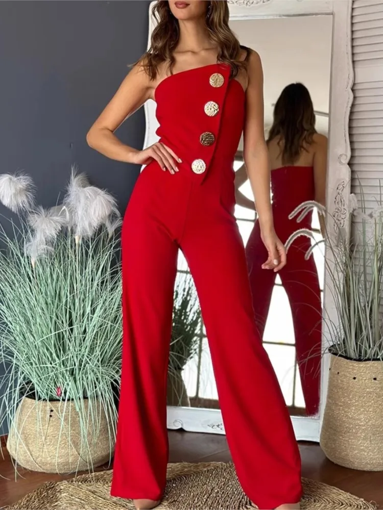 

2025 Asymmetrical Bandeau Strapless Jumpsuit Metal Button Decor Casual Overalls Jumpsuits Commuting Workwear Rompers