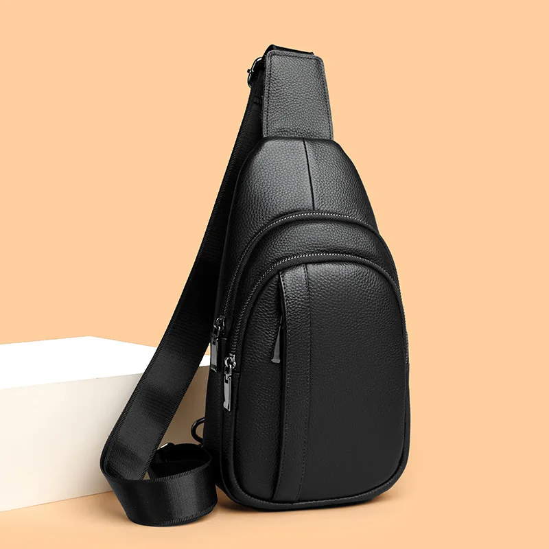 Men's genuine leather crossbody bag with multiple pockets, simple, lightweight and waterproof travel shoulder bag