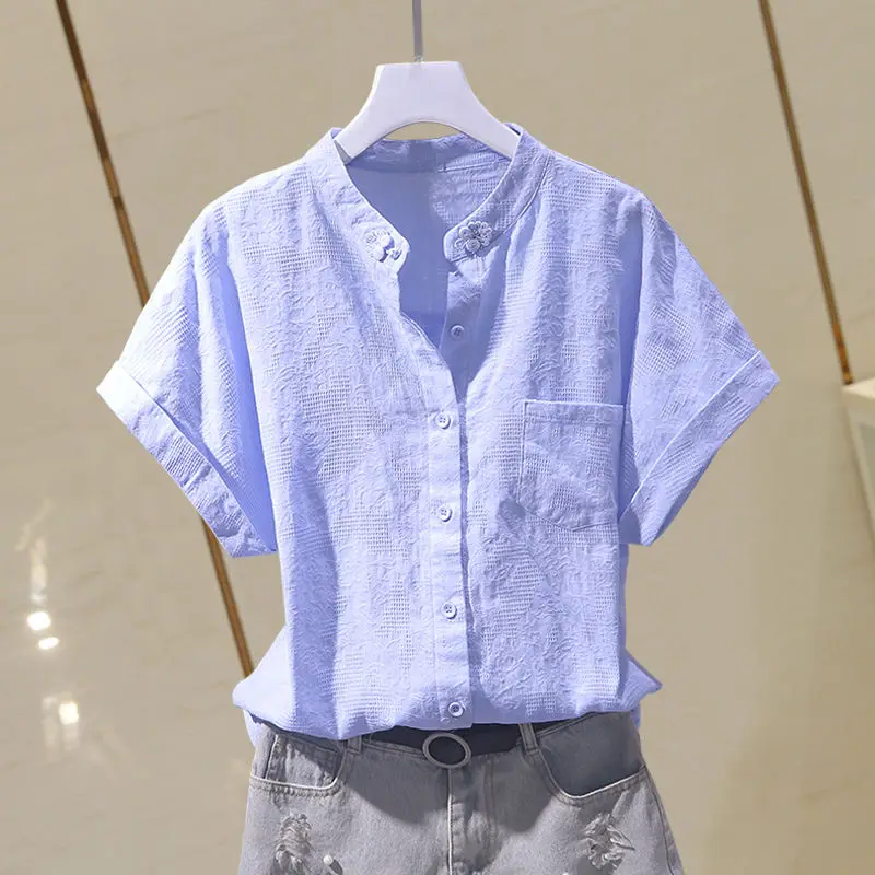 Women Solid Color Summer Chinese Style Retro Pure Cotton Short Sleeve Blouses Fashion Stand Collar Pocket Single-breasted Shirts