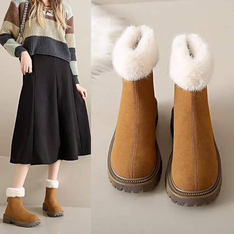 Woman Suede Snow Ankle Boots 2025 Casual Trend Sports Walking Fur Cotton Boots Flats Winter New Warm Shoes Woman Shorts Zapatos