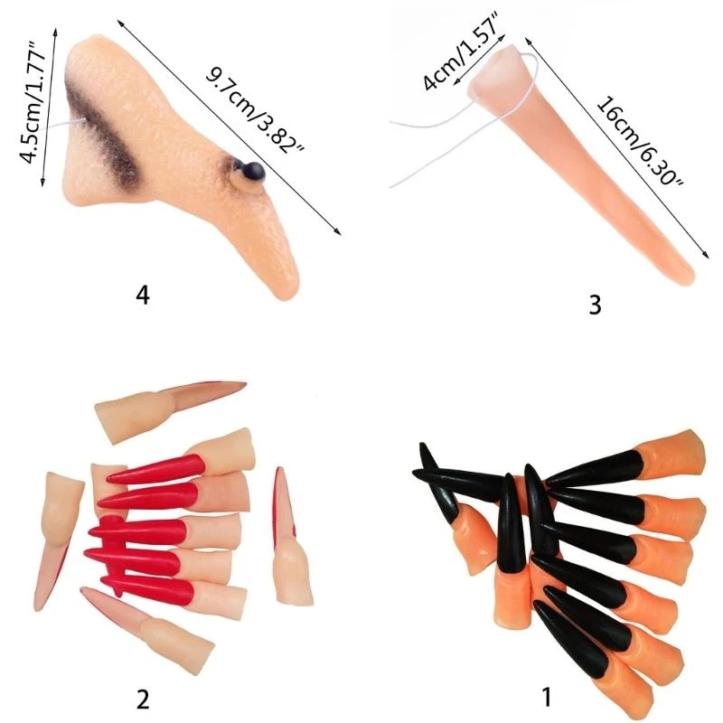 Y5GC Black Red Long Fingers Nails Witch Nails Scary Witch Nose for Halloween